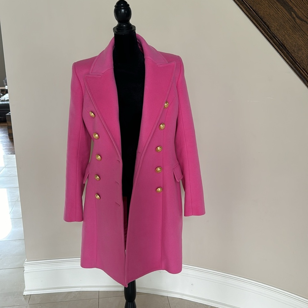 Balmain pink Barbie coat overcoat double breasted blazer gold button sz 38 $3695 - Picture 3 of 12